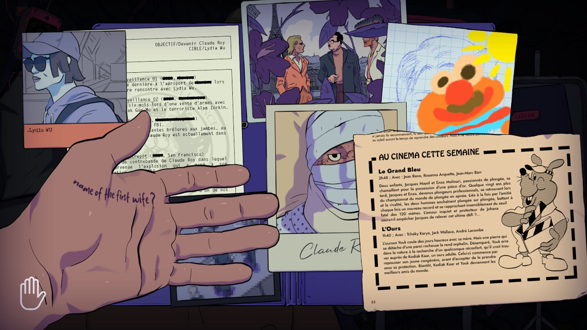 Official Steam store screenshot: the demo's objective card and evidence on a desk, with a hand holding the file
